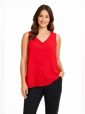 Frank Lyman Design Bright Red V-Neck Sleeveless Blouse Tiered Hem Sz 12